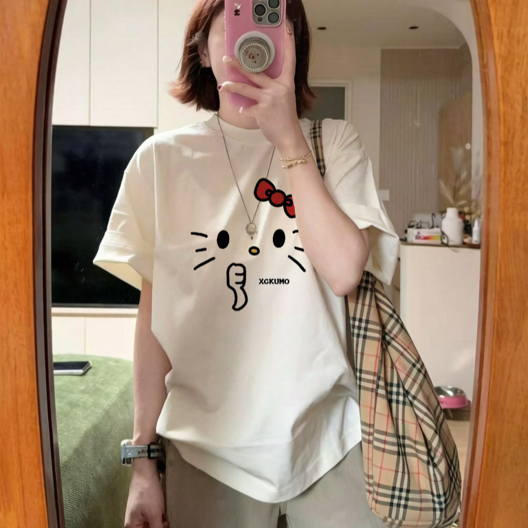 White pure cotton short-sleeve t-shirt for women, 2026 new model, plus size, spring/summer, Hello Kitty cartoon print, loose fit top White pure cotton short-sleeve t-shirt for women, 2026 new model, plus size, spring/summer, Hello Kitty cartoon print, loose fit top