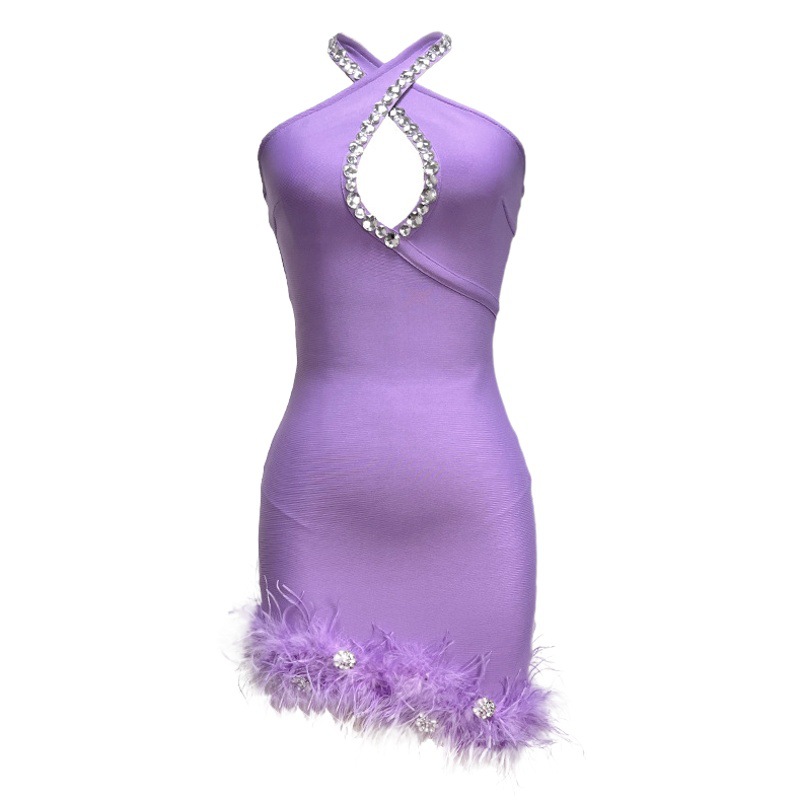 New Black Halter Rhinestone Feather Fashion Amazon Export Bandage Dress Andage Dresses