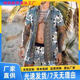 独立站跨境潮流印花短袖衬衫沙滩裤2件套夏季休闲威夷衬衫套装男