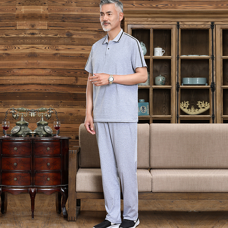 Verano nuevo estilo traje deportivo de mediana edad y ancianos pantalones de manga corta para hombre camiseta cuello redondo vestido de papá ropa casual traje delgado