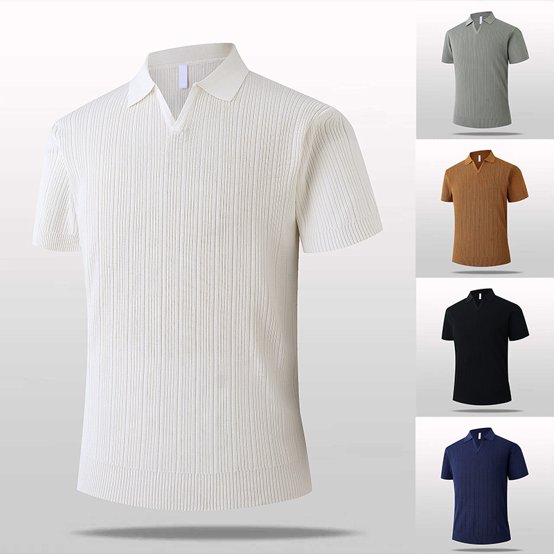 Polo camiseta de punto camiseta de manga corta hombre V-collar ventana delgada negocios camiseta de hielo de verano fábrica transfronteriza al por mayor