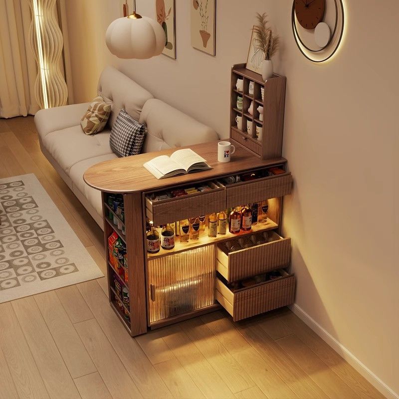 Retractable Mobile Solid Wood Bar Table Home Balcony Leisure Small Apartment Partition Narrow Island Sideboard Integrated