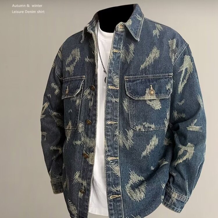 American Retro Washed Jacquard Embroidered Denim Jacket for Men 2025 Autum Loose Casual Lapel Work Jacket Trendy