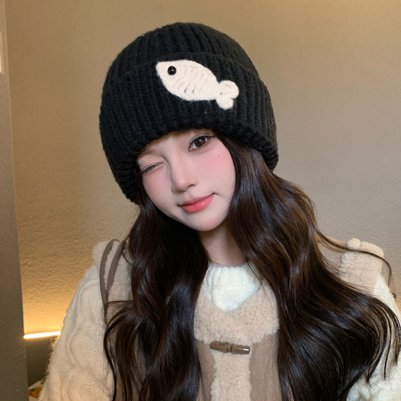 韩版秋冬季帽子女款时尚百搭毛线针织帽小鱼大头围护耳保暖包头帽|undefined