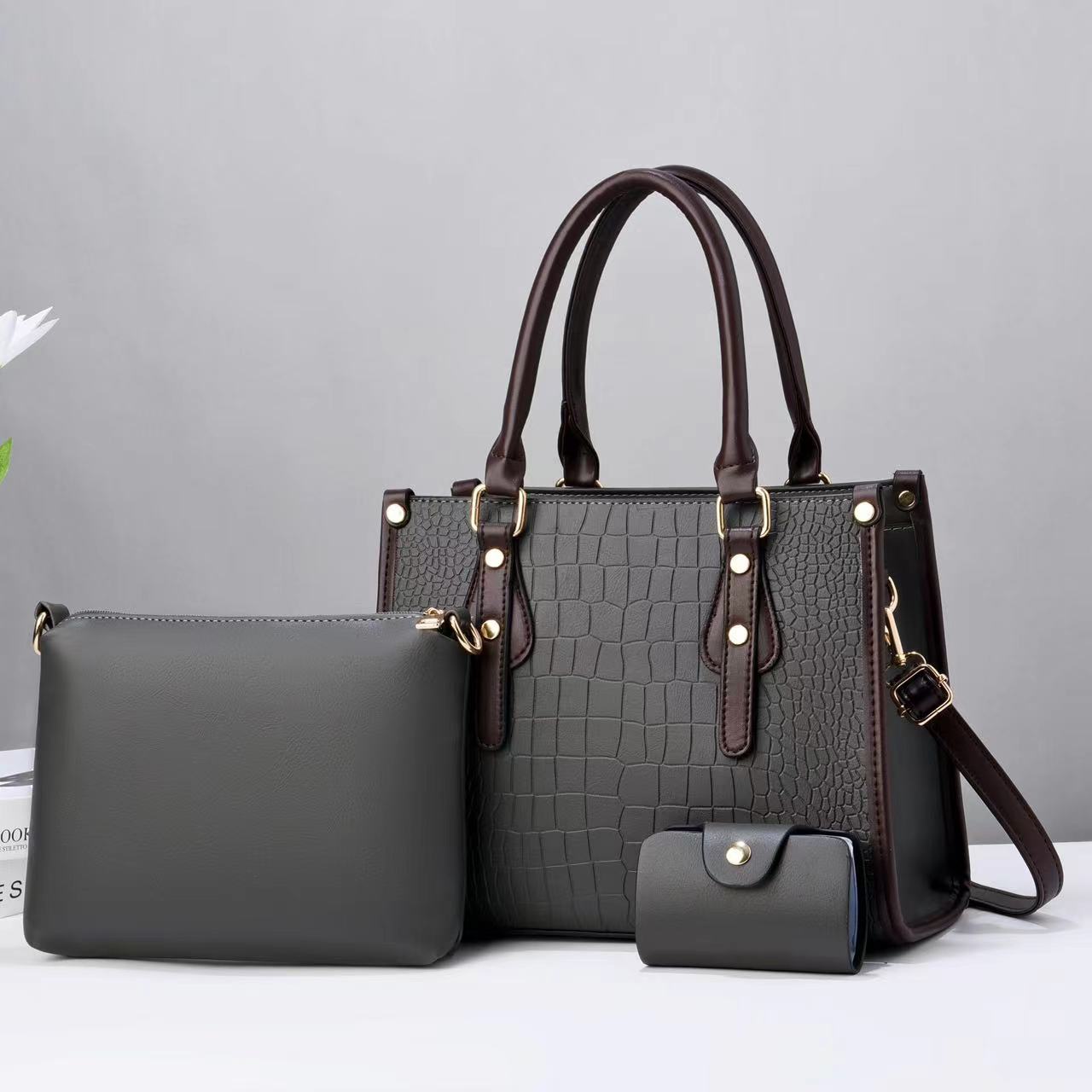 Pu Leather Material Women's Large Pu Leather Solid Color Crocodile Vintage Style Zipper Bag Sets Handbag