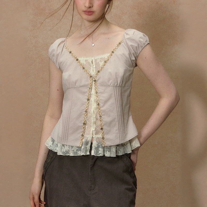 "Broken Shell Path" Shell Lace Blouse for Women, Summer Short-Sleeve Faux Two-Piece Lace Pink Beautiful Top