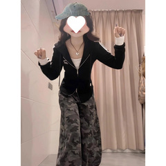 中国のトレンディなブランドの女性用黒の3ストライプスフード付きカーディガンスウェットシャツ、春のスリムフィットデザイン、カジュアルで多用途なジャケット