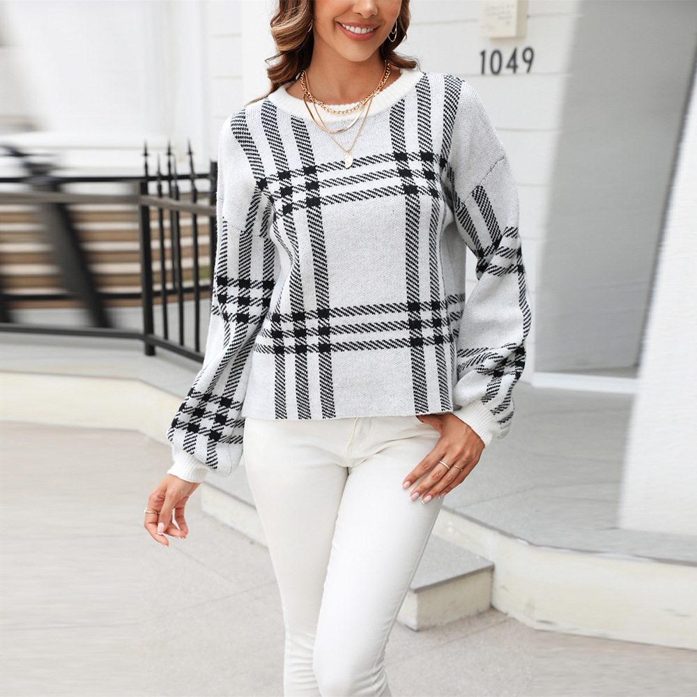 Suéter de Mujer Primavera 2025, Estilo Europeo y Americano, Diseño a Cuadros Grandes, Patchwork Informal, Moda, Cuello Redondo, Tejido de Punto image 5
