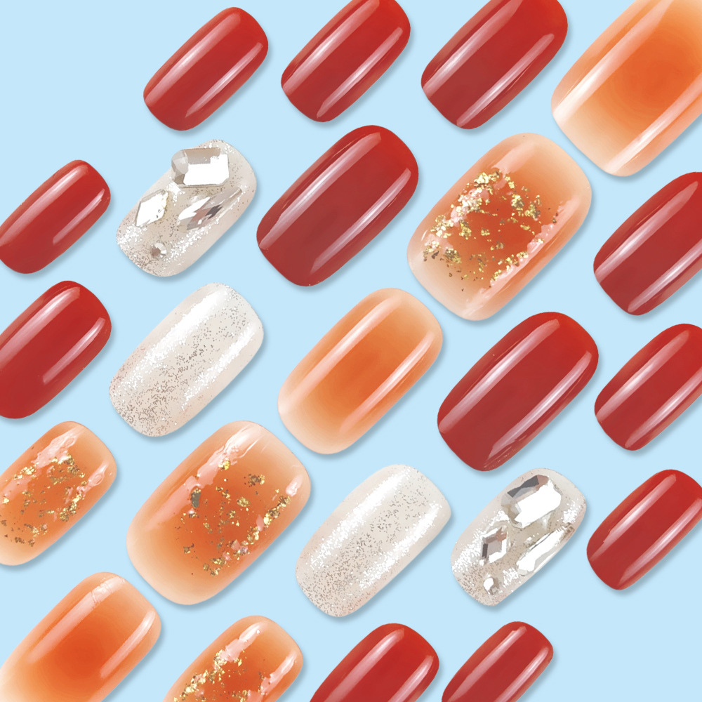 Festival de Primavera más vendidos vinos rojos de uñas dorados brillantes tridimensionales 24 piezas de uñas falsas de Año Nuevo al por mayor