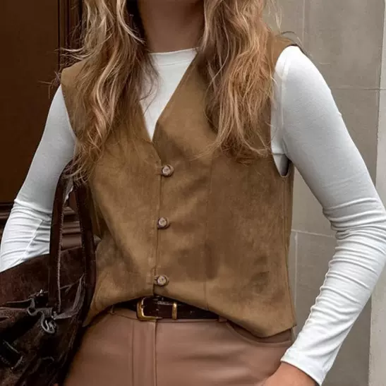 秋季新款欧美女装外套麂皮绒哑光休闲短款复古英伦风v领叠穿马甲