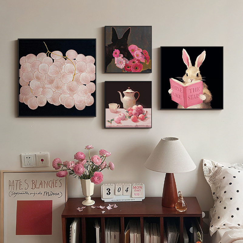 玛格丽特高级感客厅组合装饰画粉色中古风玄关餐厅背景墙艺术挂画|undefined