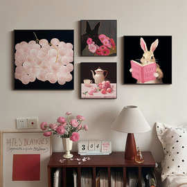 玛格丽特高级感客厅组合装饰画粉色中古风玄关餐厅背景墙艺术挂画