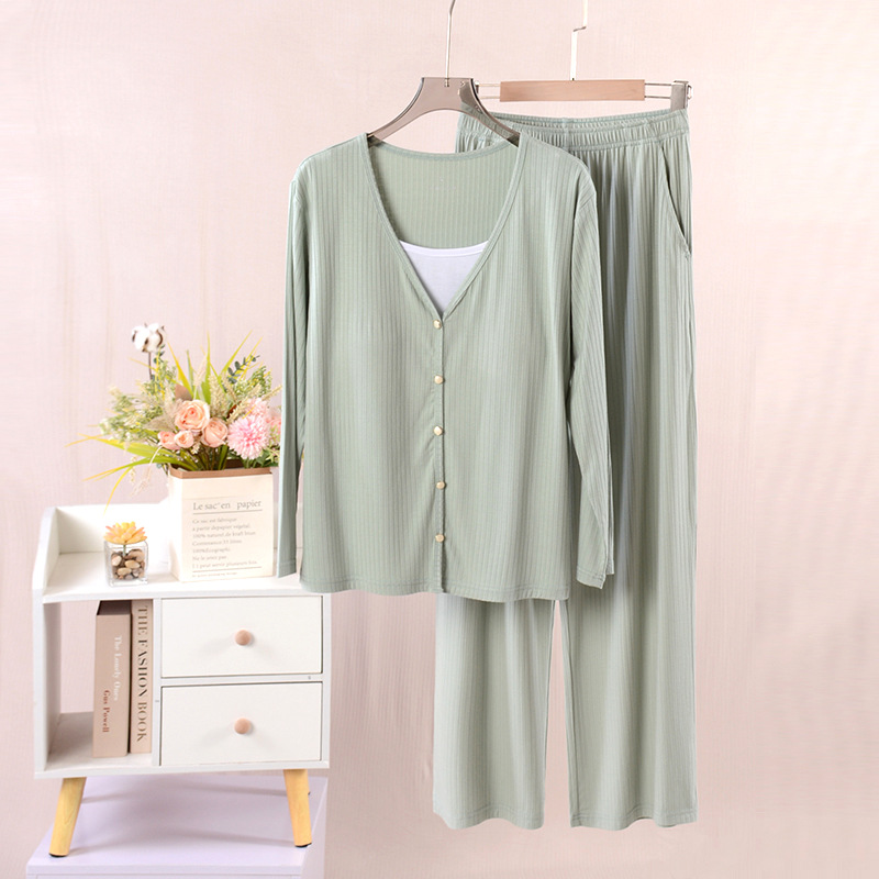 Bra-free Women's Ice Silk Modal Pajamas suit Thin Casual Pajamas Long Sleeve Pants Outwear Home Wear
