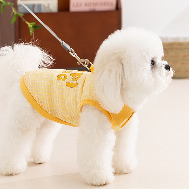 Chaleco para mascotas con solapa a cuadros de jacquard amarillo para perros de primavera y verano, ropa de gato delgada transpirable para perros pequeños y medianos
