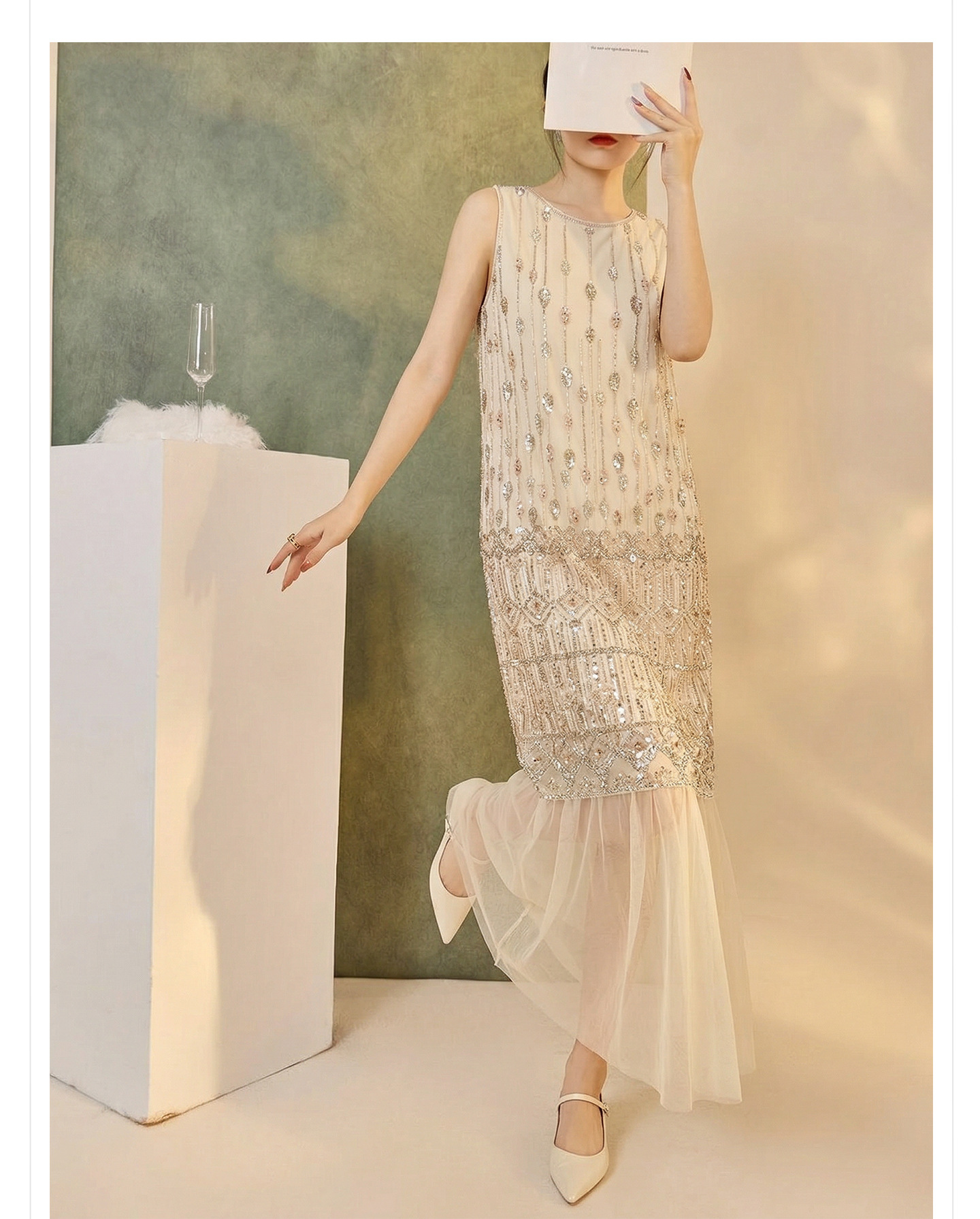 Đầm suông nữ midi phong cách Guofeng tay không sequin cao cấp — màu trắng ngà chi tiết 5