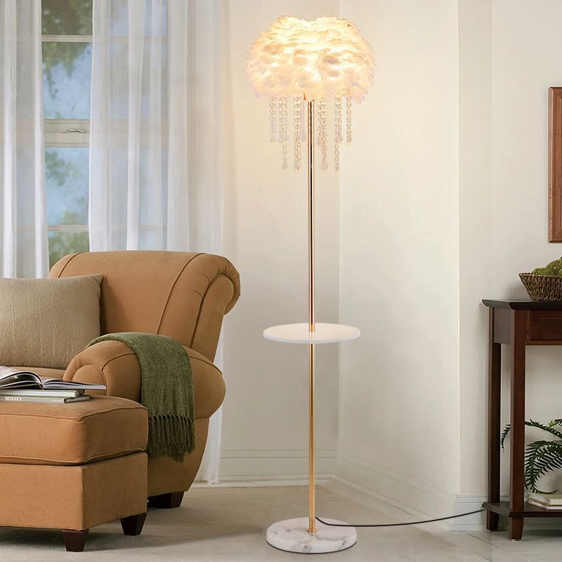 Feather Crystal Floor Lamp Romantic Nordic Cream Style Living Room Bedroom Bedside Vertical Energy-Saving with Heart Control