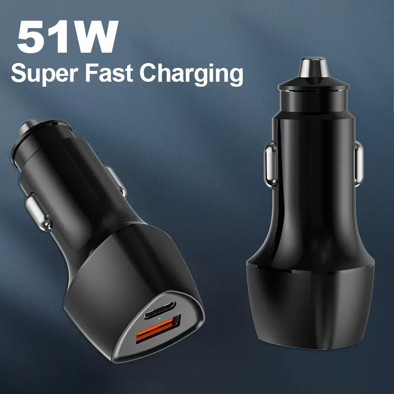 新款车充51W 车载充电器QC +PD双路快充闪充手机车充源头厂家直供