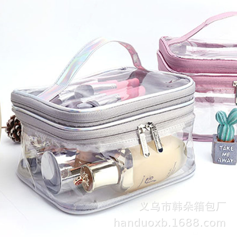 Double layer laser colorful Pu cosmetic bag PVC transparent waterproof wash bag handbag printed logo