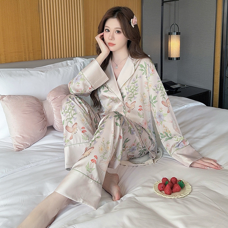 아이스 실크 파자마 여성의 봄과 가을 모조 실크 긴팔 카디건 세트 봄과 여름 하이 엔드 프랑스 스타일 홈 옷