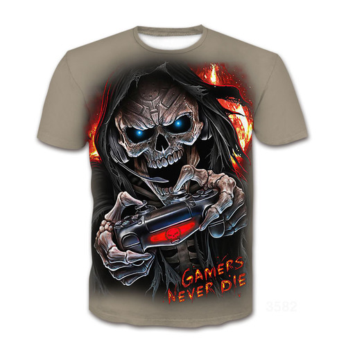 Summer 3D Digital Printing Men's Printed Fashion T-Shirt with Round Neck, Horror Skull Head Series