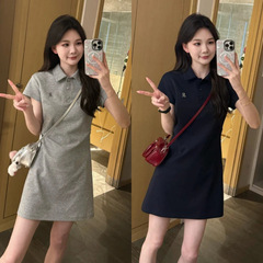 フレンチカレッジスタイルのコントラストカラー刺繍ポロカラードレス女性の夏の小さなウエストカジュアル年齢軽減Aラインスカート