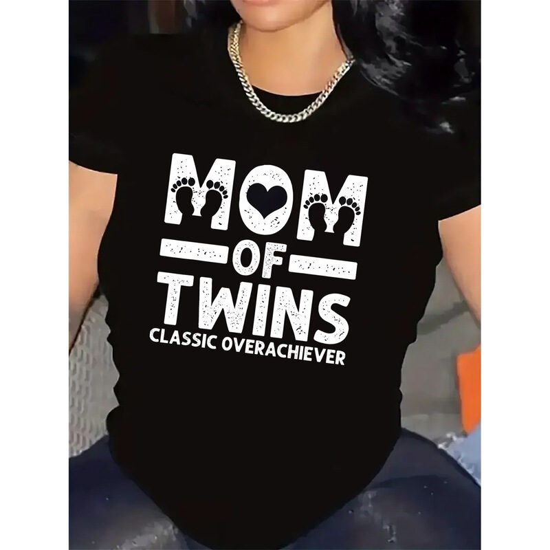 【European Size Cotton T-Shirt】Classic Expert Pattern T-Shirt for Twin Moms - Black and White Cotton Crew Neck