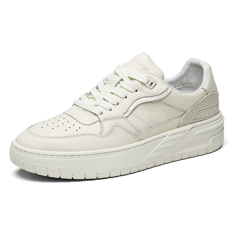 Directamente del fabricante: zapatillas blancas transpirables de cuero genuino para hombre, calzado deportivo informal de suela gruesa a la moda para otoño 2025, venta al por mayor.