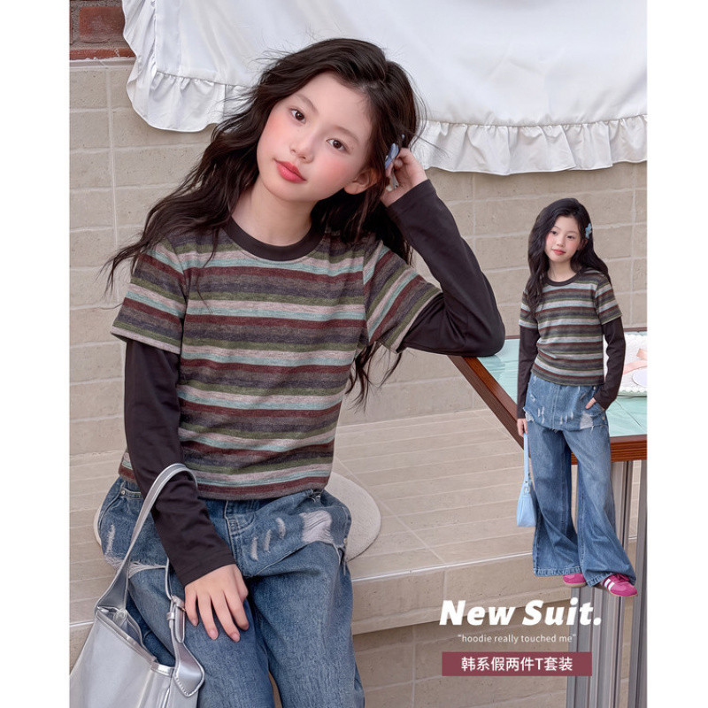 Zhili children's autumn striped faux two-piece T-shirt set with wide-leg jeans, Korean style casual children's clothing for medium and large sizes