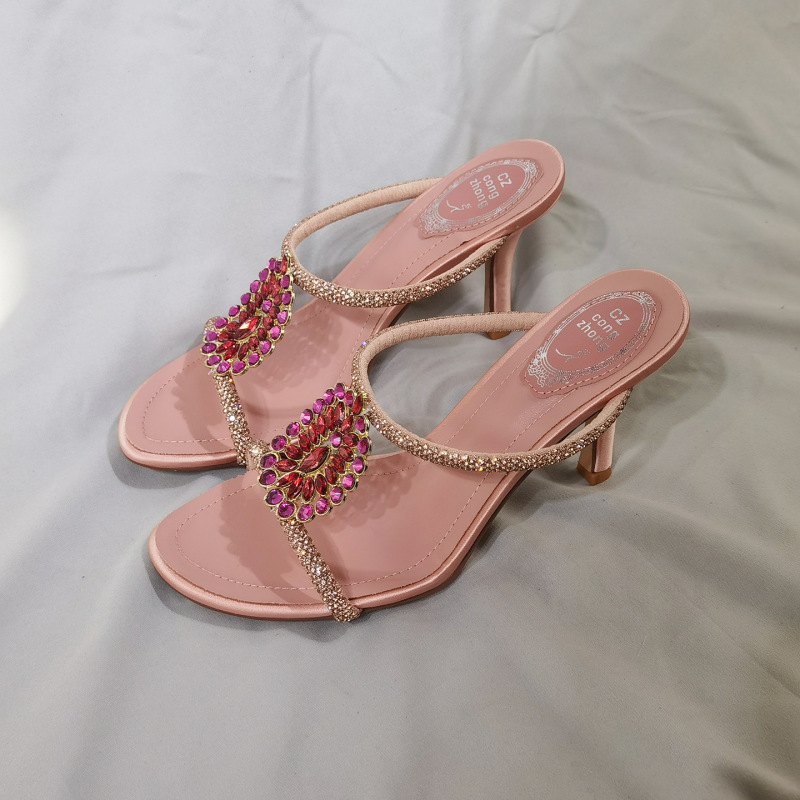 Pink Sandals Women's 2025 New Rhinestone Gemstone Sandals Thin Strap High Heels Strap Slippers Light Luxury Pink Sandals Women's 2025 New Rhinestone Gemstone Sandals Thin Strap High Heels Strap Slippers Light Luxury