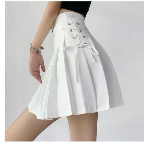2025 Women's Pleated Skirt with Adjustable Belt, White A-line Semi-slip Dress, Korean-style School Wind Short Skirt