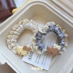 甜美蕾丝花边格纹小肠发圈学院风可爱米咖猫咪可爱发绳复古卡通