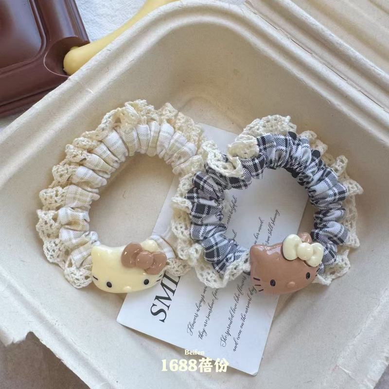 甜美蕾丝花边格纹小肠发圈学院风可爱米咖猫咪可爱发绳复古卡通|undefined