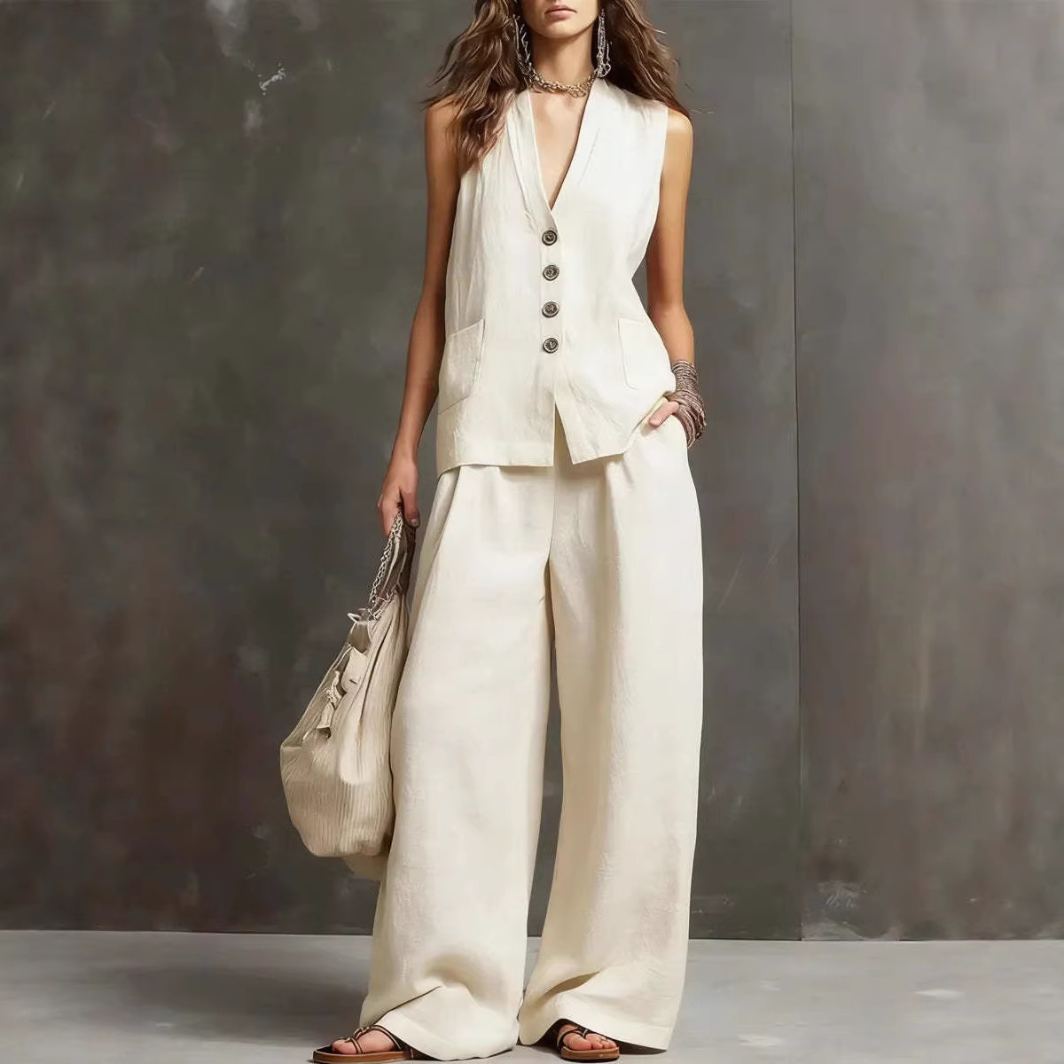 Ayollar kiyimi - jilbaysiz jelet, keng shox shimlar, cotton-linen, 2ta paket
