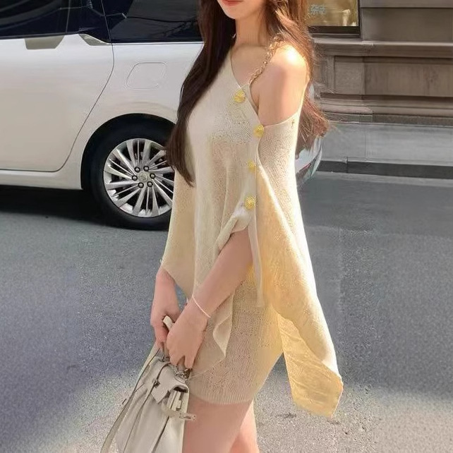 French-Style Off-Shoulder Irregular Knit Cape Shawl Women's Set with Spaghetti Strap Dress, Lazy Style Outerwear Top