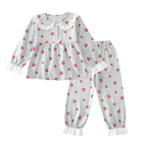 Children's Long Sleeve Sleepwear Girls' Cotton Home Wear Set Autumn Medium and Large Children's Little Girl Spring and Autumn Cartoon Air Conditioning Suit 