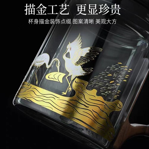 Nine Rivers Handmade Smoky Gray High-End Office Cup with Gold-Plated Relief Crane Perching on Tree Design Three-Cup Gift Box Tea Set