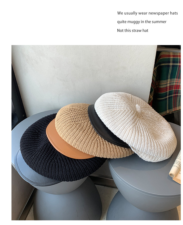 Beige Knitted Beret For Women Breathable Summer Painter Hat_voghion.com