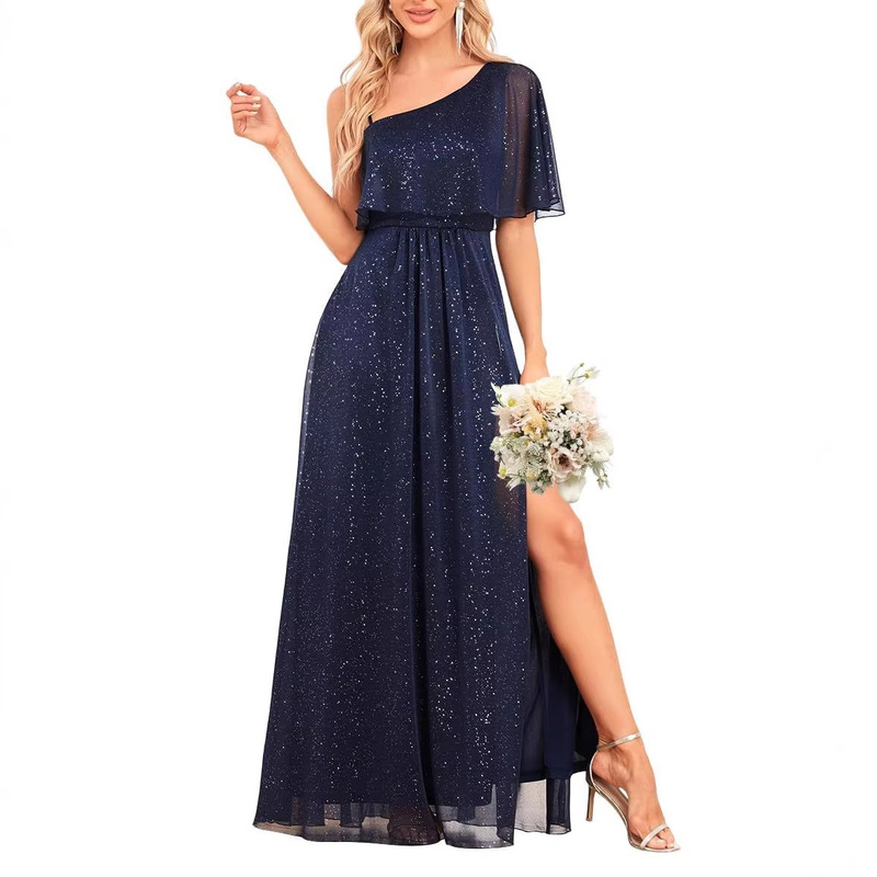 European and American Style Long Evening Gown with Glitter, One-Shoulder, Elegant and Sparkling, A-Line with Slit, Suitable for Wedding Guests and Banquets, Cross-Border Dress European and American Style Long Evening Gown with Glitter, One-Shoulder, Elegant and Sparkling, A-Line with Slit, Suitable for Wedding Guests and Banquets, Cross-Border Dress