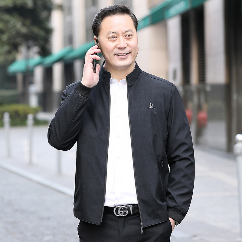 [Antiarrugas a prueba de viento] chaqueta de primavera y otoño de los hombres para padres de mediana edad y ancianos chaqueta de cuello alto de negocios de primavera delgada