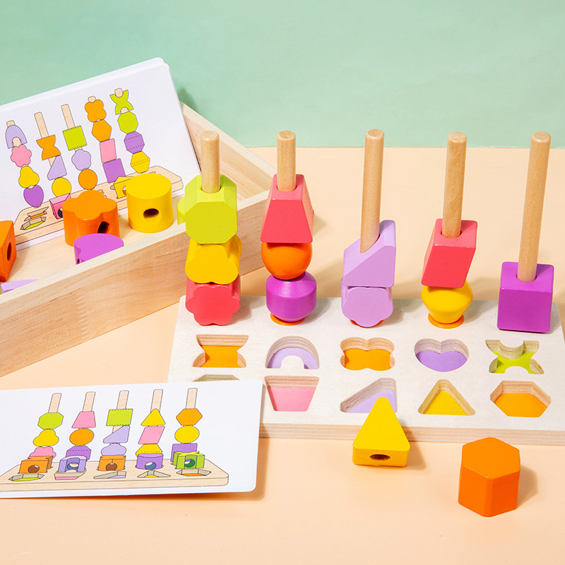 Forma de figura geométrica de madera para niños que coincide con la cognición del color Iluminación con cuentas de cinco columnas conjunto de bloques de construcción de columnas juguetes educativos