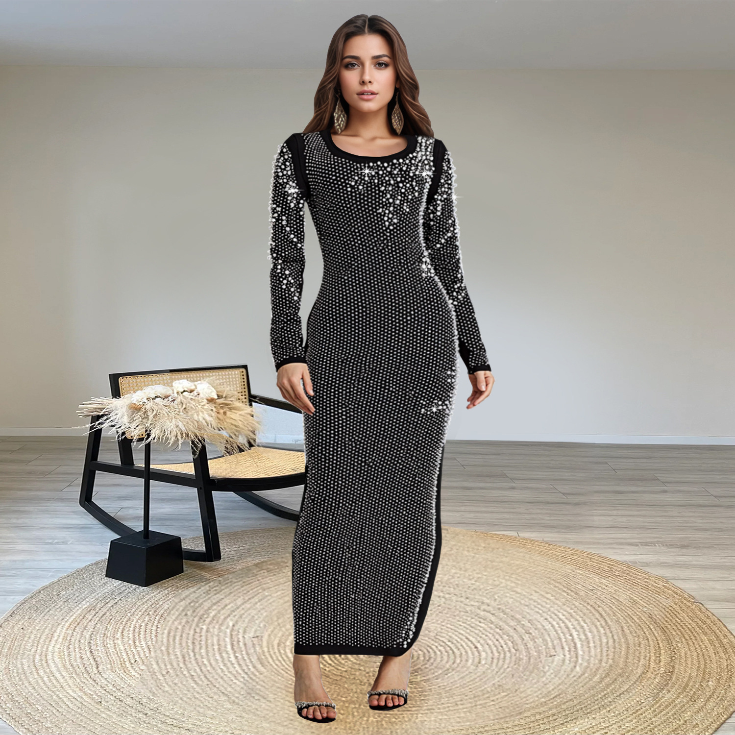 C7417 Cross-border AliExpress Amazon Moda europea y americana Bolso de mujer Brazo Slim Hot Diamond Bolso Vestido elegante con cuentas