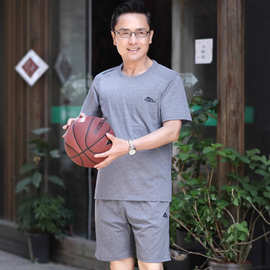 爸爸短袖短裤夏装100棉运动服中老年人休闲运动套装中年男士两件