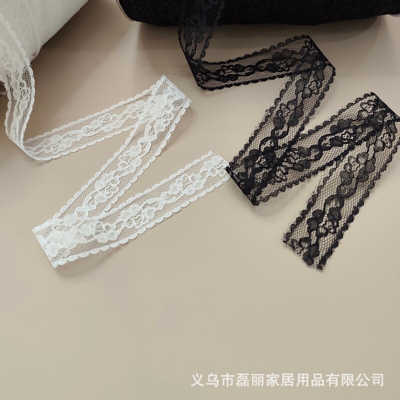 In-stock black and white non-elastic lace ribbons for handmade DIY hair accessories, clothing, shoes, hats, floral bows, and lace trims In-stock black and white non-elastic lace ribbons for handmade DIY hair accessories, clothing, shoes, hats, floral bows, and lace trims