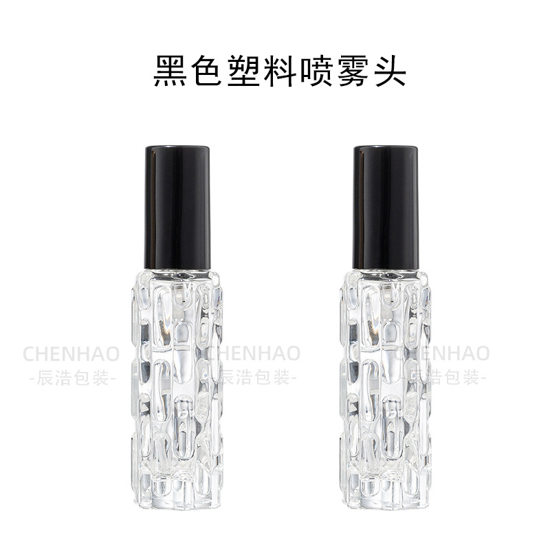 Botella de perfume de melón amargo de 10 m; cabeza de pulverización de plástico negro; vidrio