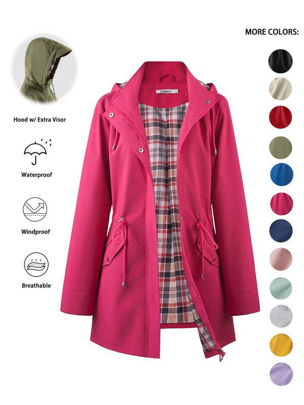 Women's Solid Color Drawstring Zip Up Hooded Trench Coat|undefined