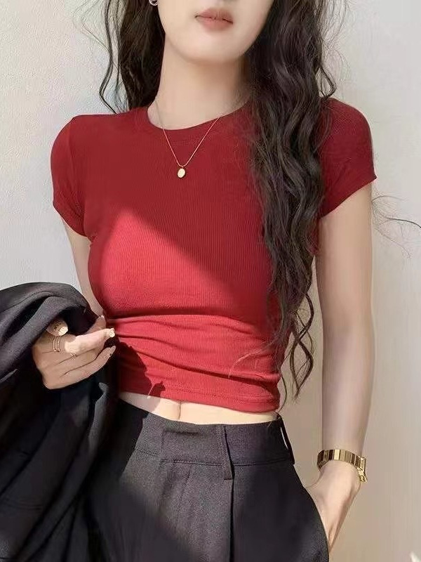 Áo thun nữ cổ tròn dáng ngắn, bó sát eo cao, hở rốn — Màu đen