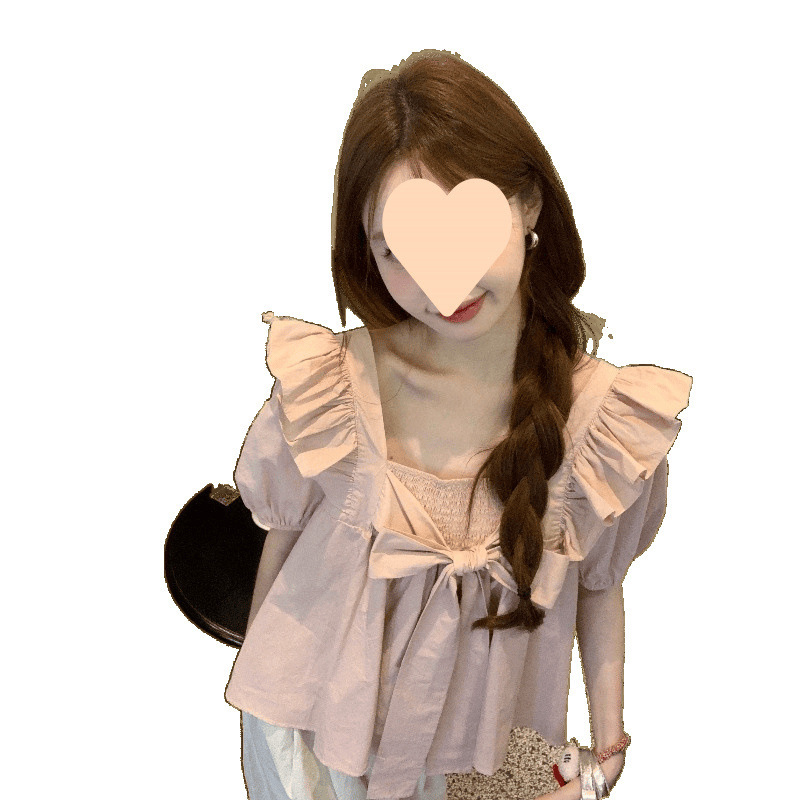 法式甜美方领小飞袖荷叶边衬衫夏季女装2025新款杏色裙摆娃娃上衣|undefined