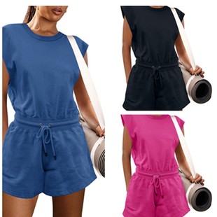Cross-Border Three-Quarter Sleeve European and American Style Solid Color Waist Drawstring Fashion Casual Jumpsuit with Back Cutout