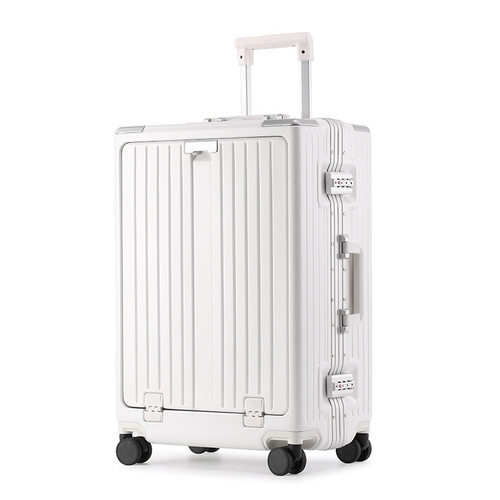 New front opening multi-functional travel suitcase with aluminum frame pull handle, USB charging port, foldable cup holder, and carry-on approved.