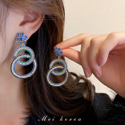 Silver needle European and American exaggerated blue diamond geometric flower tassel earrings personality cold style earrings fashion earrings for women